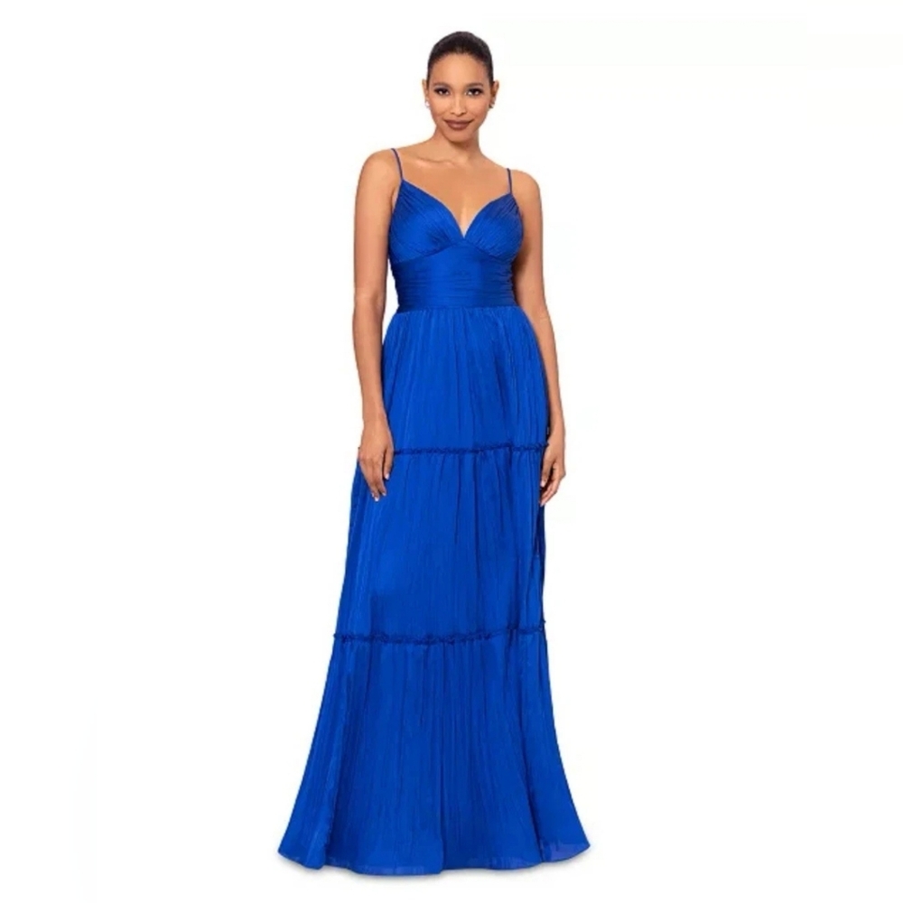 Betsy & Adam Royal Blue Pleated Tiered Gown Dress Size 8 Formal Evening NWT